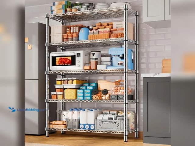 Lot 49-1557128 - REIBII 35.5"W Wire Shelving, 5-Tier Adjustable Metal Shelves for Kitchen Pantry Loads 1200LBS, Chrom...