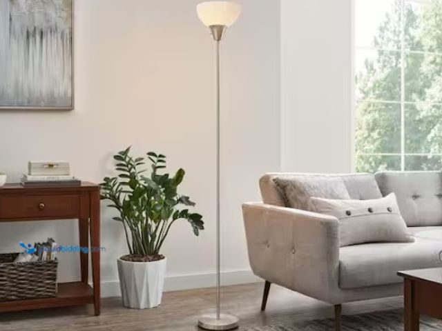 Lot 49-1625234 - Hampton Bay 70 in. Brushed Nickel 1-Light Torchiere Floor Lamp with Plastic Shade, Model # RS2204802...