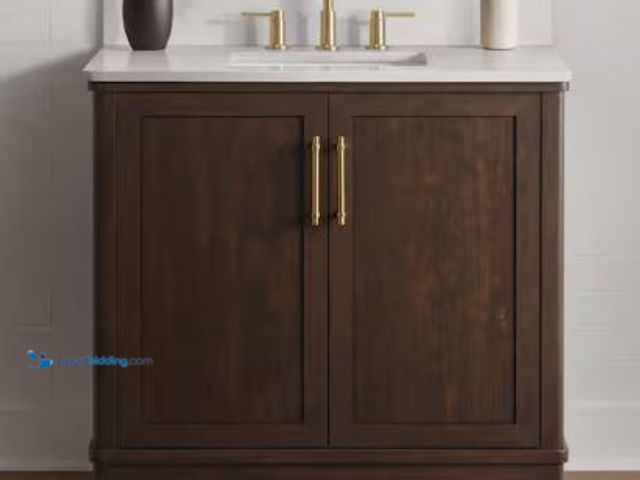 Lot 49-1621653 - Glacier Bay Eastwood 37 in. Single Sink Freestanding Bath Vanity in Dark Walnut with Carrara White E...