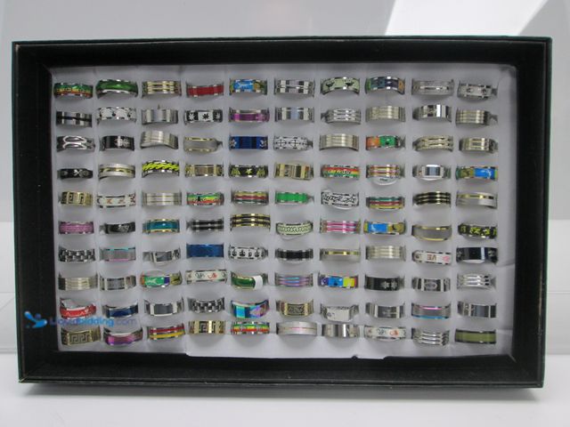 Lot 49-3481475 - Bulk Lot of 100 Stainless Steel Rings in Black Retail Display Box - NEW - Includes Men's and Women's...