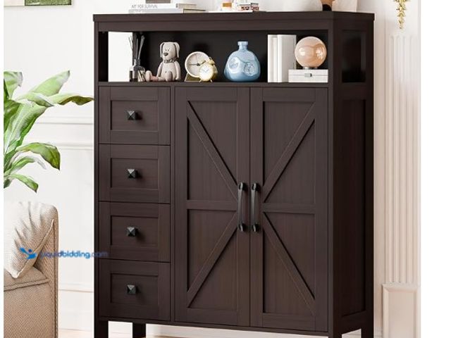 Lot 49-1555648 - Farmhouse Storage Cabinet with 2 Doors and 4 Drawers, Freestanding Bathroom/Kitchen Pantry Cabinet, ...