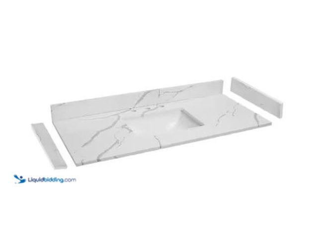 Lot 49-1565884 - 48 in. W x 22 in. D Quartz White Rectangular Single Sink Bathroom Vanity Top in Calacatta White, Mod...