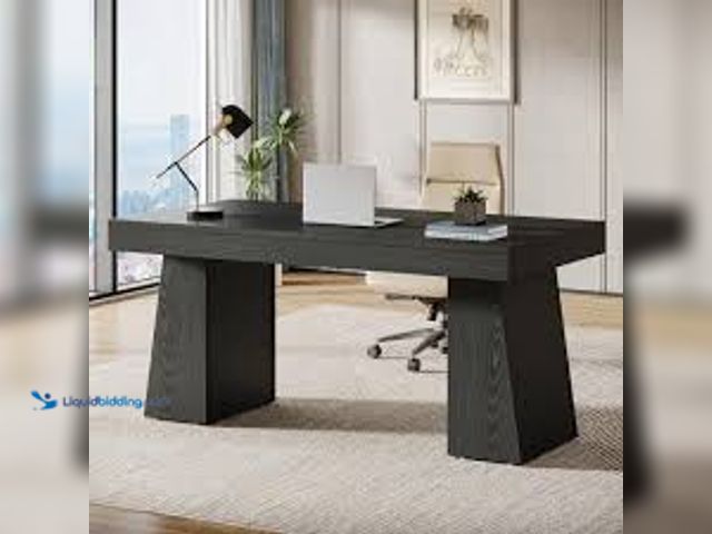 Lot 49-5415394 - BYBLIGHT Moronia 55.1 in. Rectangle Black Wood Executive Desk with Double Trapezoid Base, Computer D...
