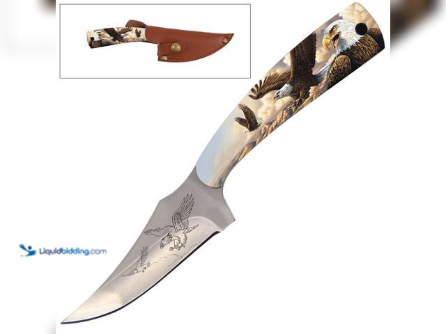 Lot 49-1820405 - Full Tang Fixed Blade Skinning Knife 7" American Bald Eagle - NEW - The skinner style blade curves u...