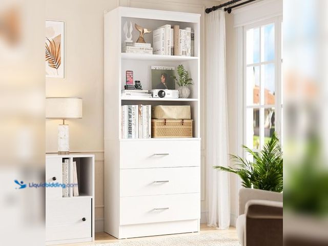 Lot 49-3481619 - Aheaplus 71 Inches Bookshelf with Drawers, Wooden Bookcase with Open Shelves, 6-Tier Tall Storage Ca...