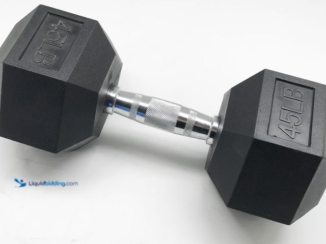 Lot 49-1627146 - 45lbs Rubber Hex Dumbell in Black With Solid Steel Handle, Slightly Used  Ref#WM0713
