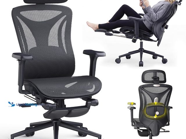 Lot 49-5581469 - CYKOV Ergonomic Office Chair with Footrest - Adjustable Lumbar Support & Headrest, 90-160° Reclining...
