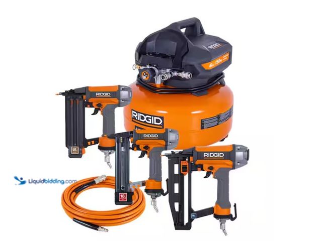 Lot 49-1571309 - RIDGID 6 Gal. 150 PSI Electric Air Compressor with 25 ft. Hose, 18GA Brad Nailer, 16GA Finish Nailer...