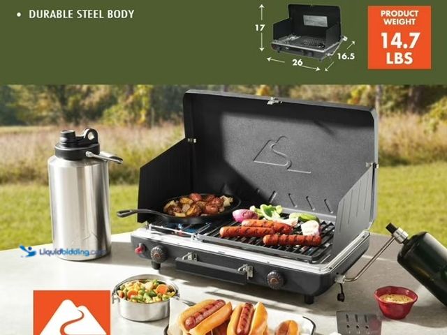 Lot 49-1623969 - Ozark Trail 2 Burner Black Propane 2-in-1 Portable Camp Stove and Grill, Model # GCT2220WD, Slightly...