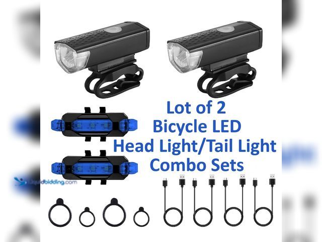 Lot 49-1820692 - Lot of 2 USB Rechargeable LED Cycling Head Light/Tail Light Combo Packs with 2 Blue Tail Lights - NE...