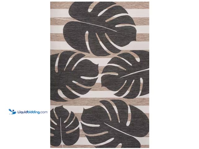 Lot 49-2000111 - JONATHAN Y Allison Classic Beach Stripe and Monstera Leaf Black/Beige 5 ft. x 8 ft. Indoor/Outdoor A...