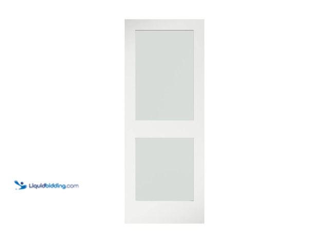 Lot 49-5412537 - Eight doors 24 in. x 80 in. x 1-3/8 in. 2-Lite Solid Core Frosted Glass Shaker White Primed Wood Int...