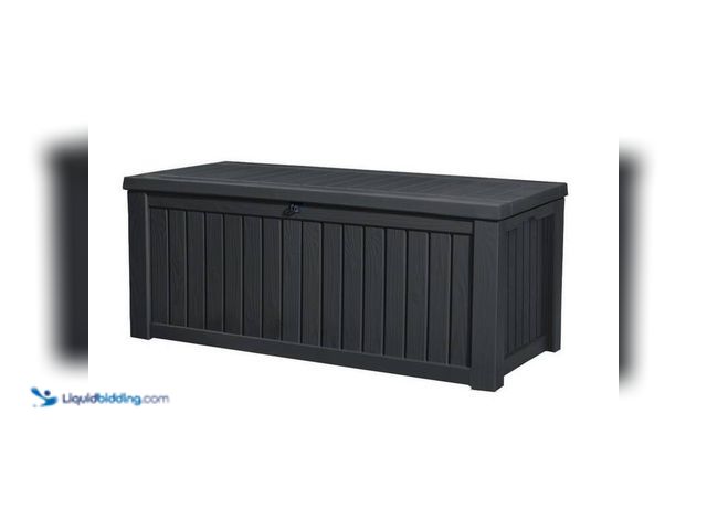 Lot 49-5414288 - Keter 150 Gal. Large Deck Box Resin Grey for Patio Garden Furniture, Rockwood Outdoor Storage Contai...