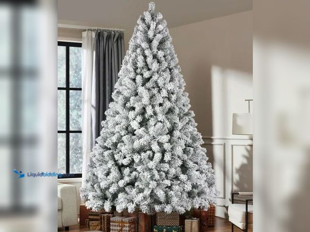 Lot 49-1548129 - IZNEN 9ft Pre-Lit Snowflake Flocked Christmas Tree,8 Modes LED Lights, Artificial Xmas Tree with Sto...