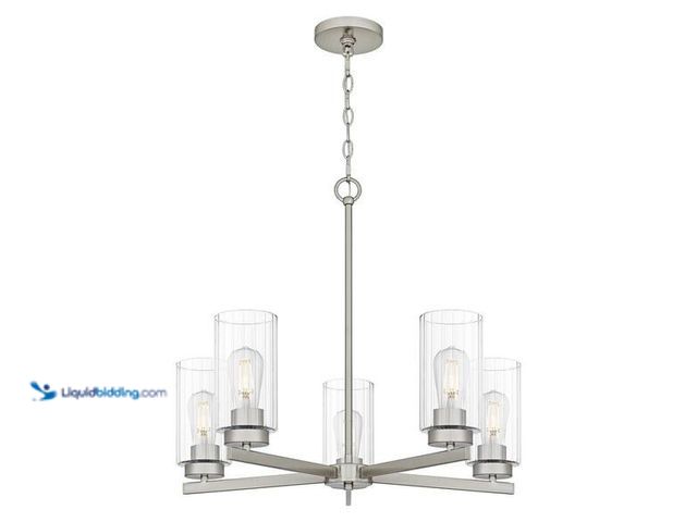 Lot 49-3564246 - DSI LIGHTING
Delphi 5-Light Brushed Nickel Chandelier with Clear Ribbed Glass Shades Unused