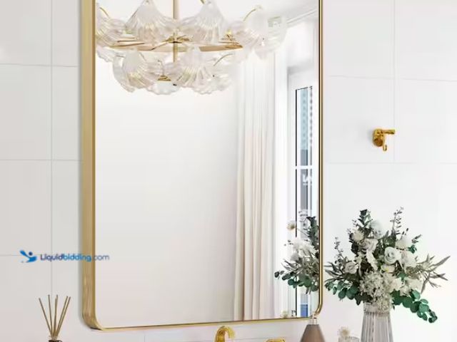 Lot 49-1550358 - Sxiawe 30 in. W x 40 in. H Modern Rectangular Aluminum Alloy Gold Rounded Corner Wall Mirror/Decorat...