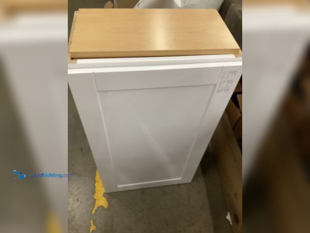 Lot 49-5407101 - White Cabibet 21" w x 13" deep (including door thickness) x 36" tall, with shelves. Unused, some chi...