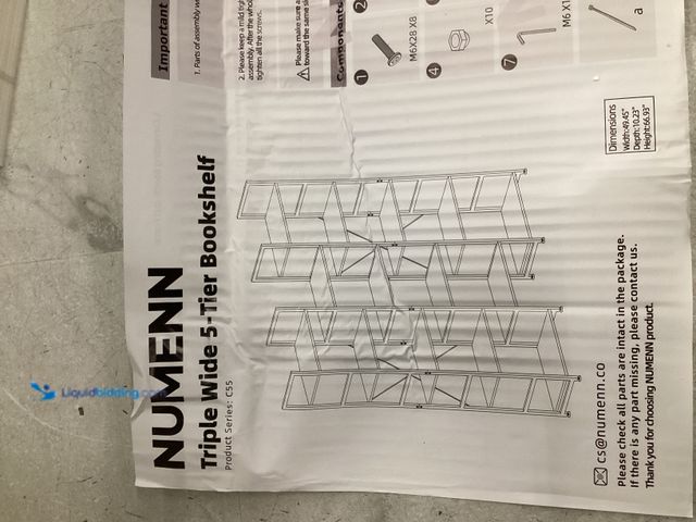 Lot 49-5545604 - Numenn Triple Wide 5 Tier Bookshelf, Unused with hardware