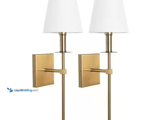 Lot 49-1568936 - LamQee 1-Light Modern Gold Wall Sconce with White Fabric Shade(2-Pack) Model # 06FTL0233BGD, Unused ...