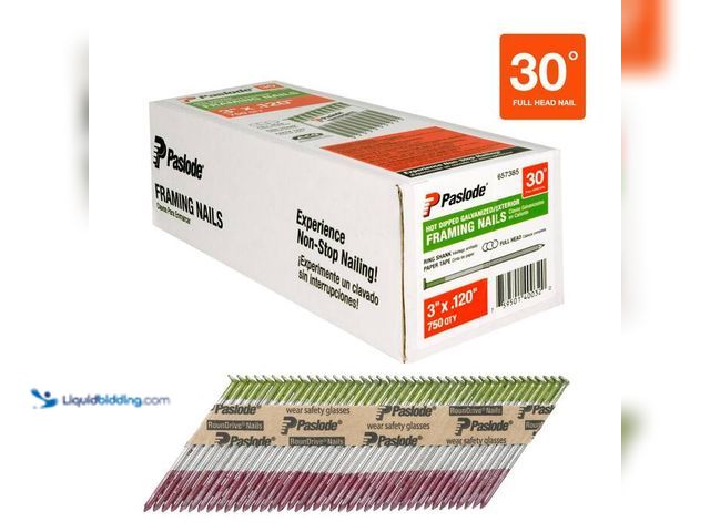 Lot 49-2024122 - Paslode 3 in. x 0.120 in. Round Drive 30-Degree Steel Galvanized Ring Shank Paper Tape Framing Nails...