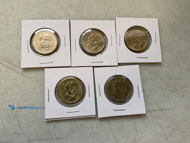 Lot 49-3708148 - LOT OF 5 PRESIDENTIAL GOLD (IN COLOR) ONE DOLLAR COINS INCLUDING GARFIELD, JACKSON AND MADISON