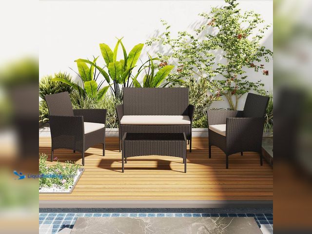 Lot 49-5487433 - bigzzia
Black 4-Pieces PE Wicker Outdoor Patio Furniture Sets Loveseat Includes Armchairs and Table...