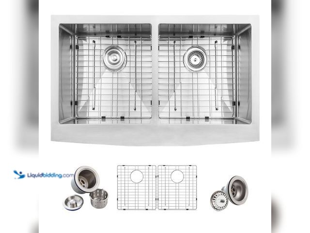 Lot 49-5437213 - Glacier Bay Professional 33 in. Apron-Front 50/50 Double Bowl 16 Gauge Stainless Steel Kitchen Sink ...