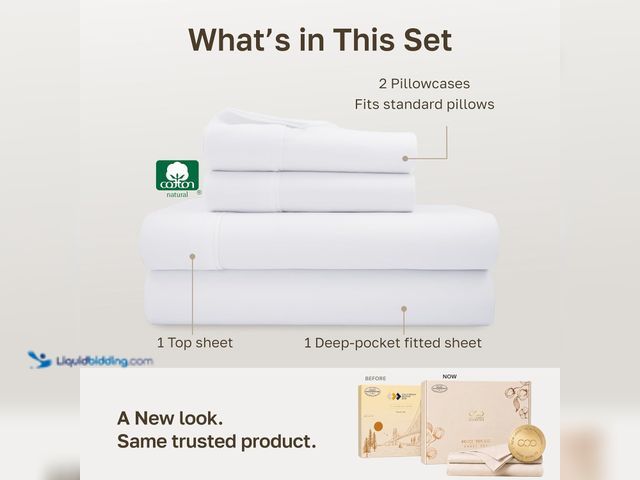 Lot 49-5572352 - FULL - California Design Den Soft 100% Cotton Sateen Full Size Bed Sheets, White. Model: 84030712344...