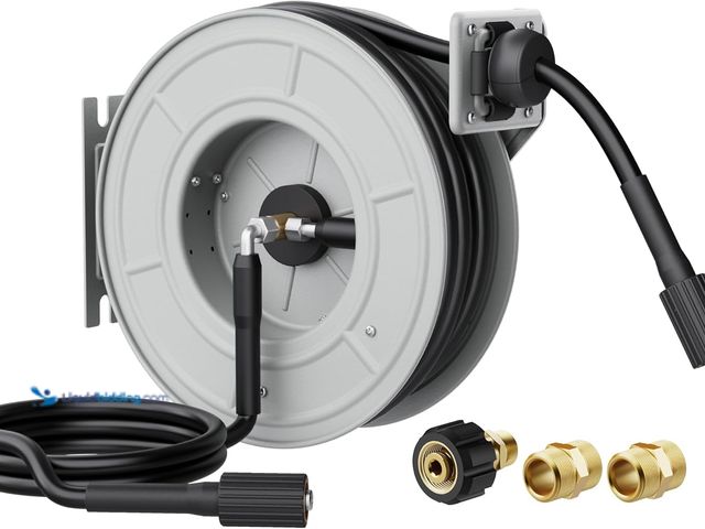 Lot 49-5453677 - Giraffe Tools Retractable Pressure Washer Hose Reel, Wall-Mounted, 65ft Auto-Rewind Hose Storage, 32...