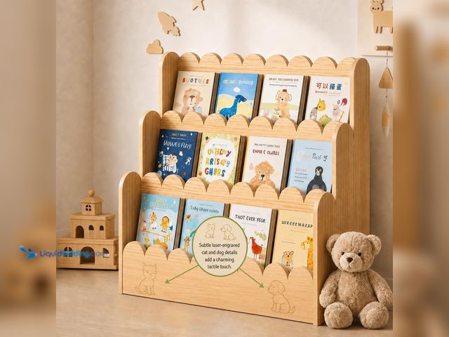 Lot 49-5553201 - Scalloped Bookshelf 3-Tier-Montessori Kids Bookshelf-Wooden Nursery Book Display Organizer for Toddl...