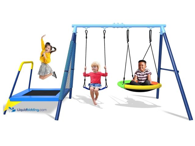 Lot 49-3430545 - JYGOPLA 440lbs Kids Swing Set, 3-in-1 Outdoor Playground with Saucer Swing, Belt Seat & 4ft Trampoli...
