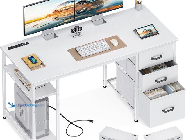 Lot 49-5485775 - AODK 51 Inch Computer Desk with Drawers & USB Power Outlets - Reversible Home Office Desk with Stora...