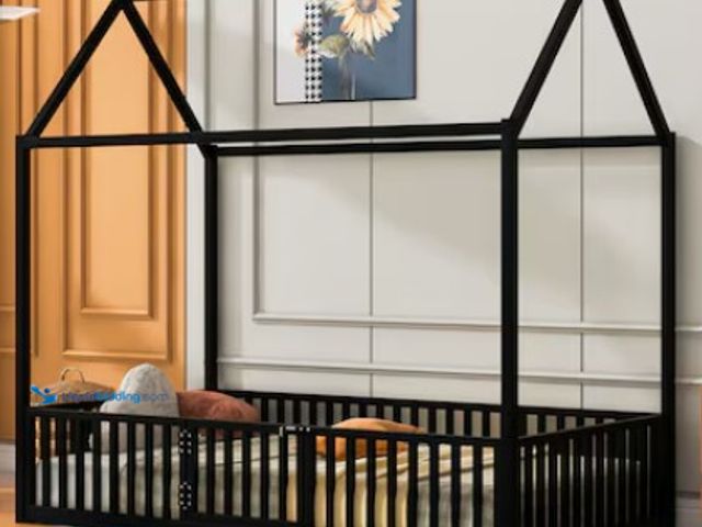 Lot 49-5463176 - LOVMOR Twin Size Metal House Bed with Fence and Door Black Unused