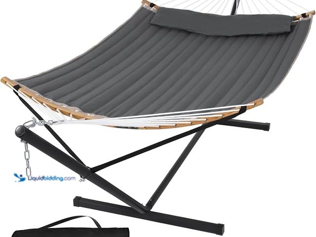 Lot 49-1630844 - Heavy Duty Double Hammock with 12-Ft Stand, Dark Gray | Curved Spreader Bar, Pillow, Safety Ropes, M...