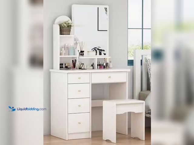 Lot 49-3539016 - FUFU&GAGA
5-Drawers Wood Dresser Makeup Vanity Sets in White With Stool, Mirror (55.1 in. H x 31.5 ...