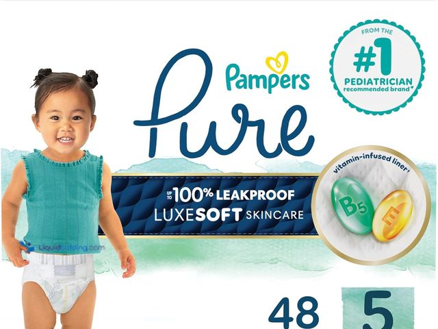 Lot 49-3563864 - Pampers Pure Baby Diapers, Size 5 (27+ lbs), 48, Up to 100% Leakproof, Premium Hypoallergenic Soft D...