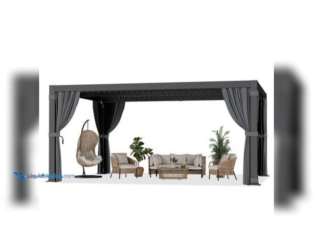 Lot 49-5553422 - 8 BOXES - VIWAT 12 ft. x 16 ft. Black Aluminum Outdoor Louvered Pergola with Nettings and Curtains M...