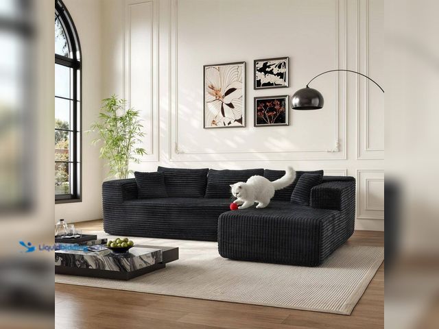 Lot 49-5487228 - FUFU&GAGA
106 in. Rectangle Arm 2-Piece Corduroy Upholstery L-Shaped Sectional Sofa in Black with C...