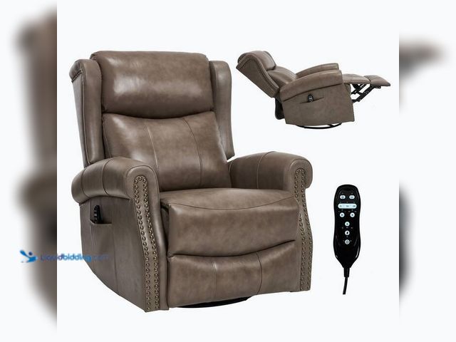 Lot 49-2024228 - Clihome Gray Genuine Leather Swivel Rocker Manual Recliner with Heat and Massage. Model # CL-CN-0001...