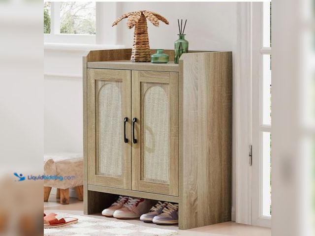 Lot 49-3431504 - Mericonia Shoe Cabinet Storage for Entryway, Natural Rattan Shoe Storage Cabinet, Wooden Shoe Rack C...