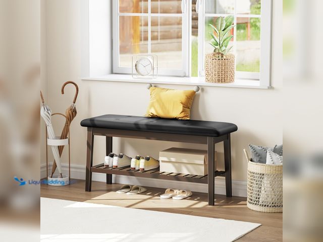 Lot 49-5543299 - HOOBRO Dining Bench, Bamboo Dining Room Bench, 2-Tier Entryway Bench with PU Leather Upholstered Sea...