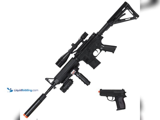 Lot 49-5393641 - Airsoft Full Size Rifle/Pistol Combo Pack Spring Powered with RIS Laser/Light/Mock Scope - NEW -  In...