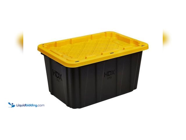 Lot 49-5406220 - (4) HDX 27 Gal. Tough Storage Tote in Black and Yellow, Model # 999-27G-HDX, Unused.