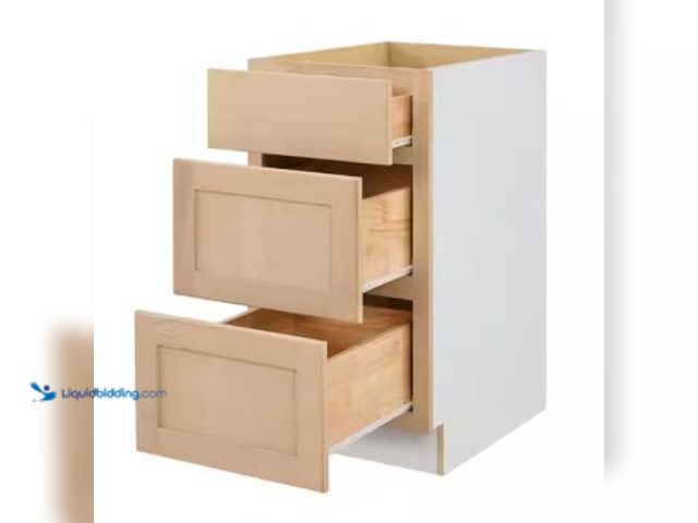 Lot 49-2025110 - Hampton Bay 18 in. W x 24 in. D x 34.5 in. H Ready to Assemble Drawer Base Kitchen Cabinet in Unfini...
