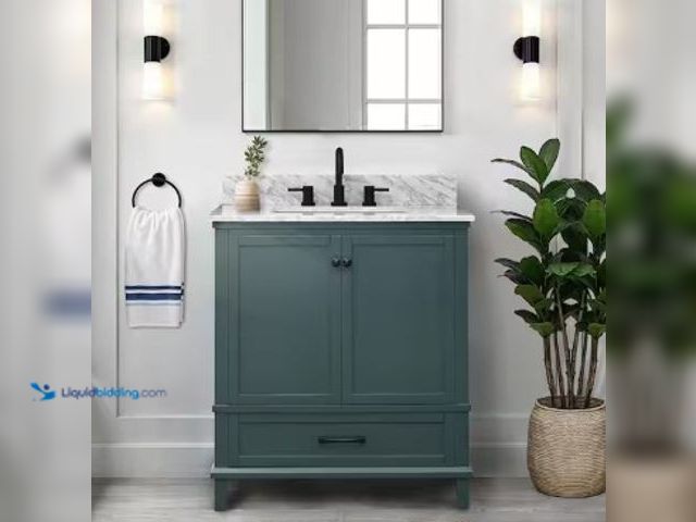 Lot 49-2025677 - Home Decorators Collection Merryfield 31 in. Single Sink Antigua Green Bath Vanity with White Carrar...