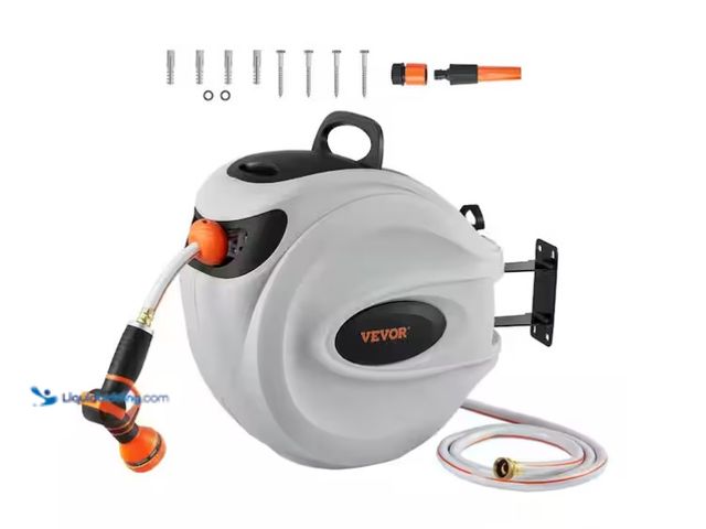 Lot 49-1575425 - VEVOR Retractable Hose Reel 1/2 in. Dia x 100 ft. Garden Water Hose Reel with 9-Pattern Nozzle, 180°...