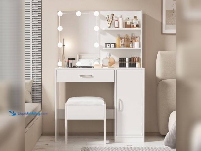 Lot 49-5405736 - Makeup Vanity with Lights, Vanity Desk with Mirror and Lights Set, Large Drawer and Two-Tier Lots St...