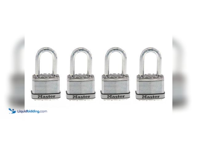 Lot 49-3514432 - Master Lock Heavy Duty Outdoor Padlock with Key, 1-3/4 in. Wide, 1-1/2 in. Shackle, 4 Pack. [Model #...