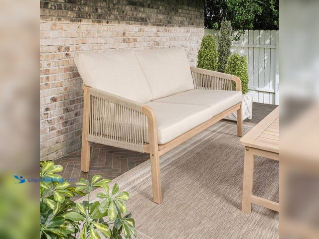 Lot 49-5412577 - Jonathan Y Arwen Modern Bohemian Roped Acacia Wood Outdoor Loveseat Beige/Light Teak with Cushions, ...