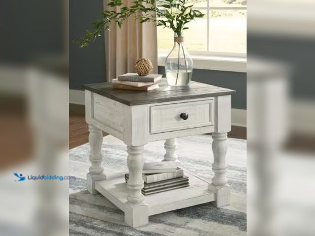 Lot 49-2022683 - Signature DESIGN BY ASHLEY Havalance 25 in. White/ Gray Square Wood End Table with Drawer and Lower ...